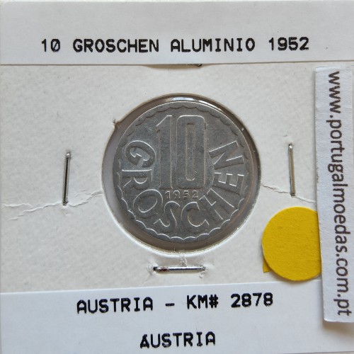 Áustria 10 Groschen 1952 Alumínio, World Coins Austria KM 2878, coin of 10 groschen 1952 Aluminium