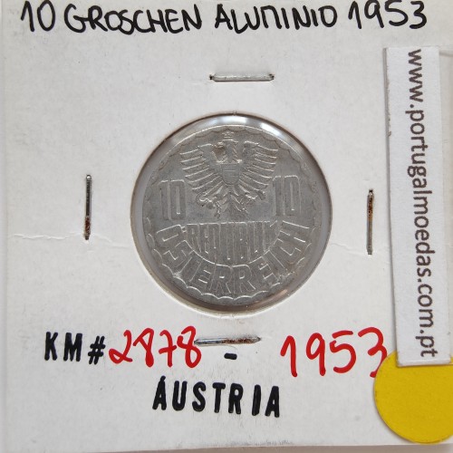 Áustria 10 Groschen 1953 Alumínio, World Coins Austria KM 2878, coin of 10 groschen 1953 Aluminium