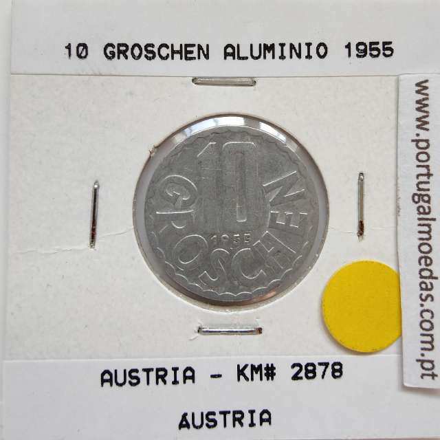 Áustria 10 Groschen 1955 Alumínio, World Coins Austria KM 2878, coin of 10 groschen 1955 Aluminium