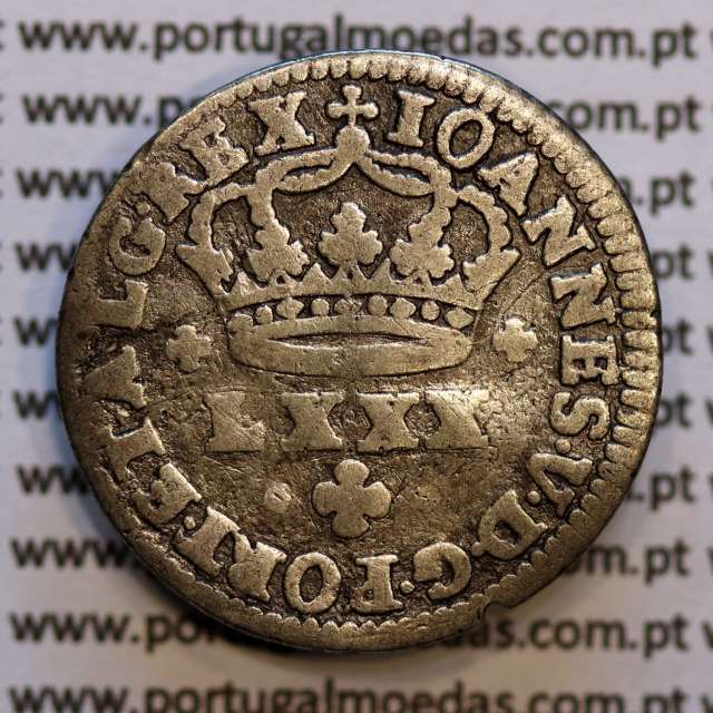 Tostão Prata D. João V 1706-1750, Anverso (•✤•) Coroa mais pequena, Reverso (+✤+) com florões mais pequenos na legenda