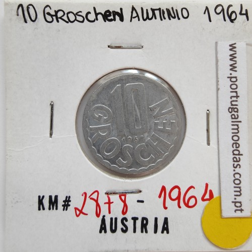 Áustria 10 Groschen 1964 Alumínio, World Coins Austria KM 2878, coin of 10 groschen 1964 Aluminium