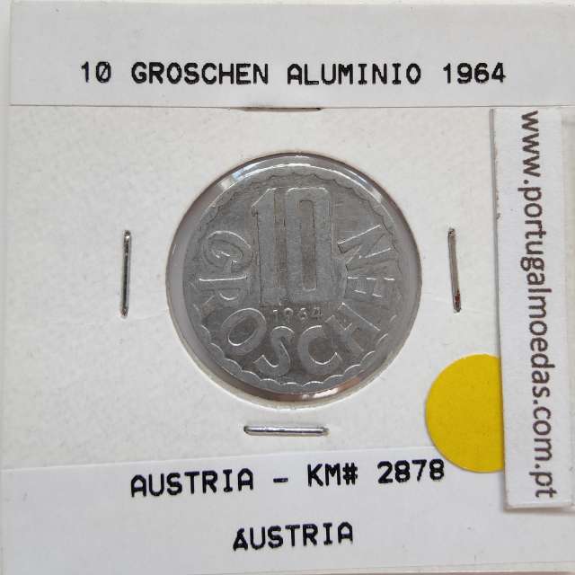 Áustria 10 Groschen 1964 Alumínio, World Coins Austria KM 2878, coin of 10 groschen 1964 Aluminium