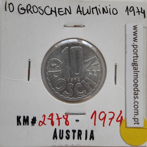 Áustria 10 Groschen 1974 Alumínio, World Coins Austria KM 2878, coin of 10 groschen 1974 Aluminium