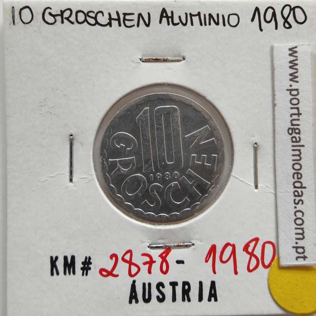 Áustria 10 Groschen 1980 Alumínio, World Coins Austria KM 2878, coin of 10 groschen 1980 Aluminium