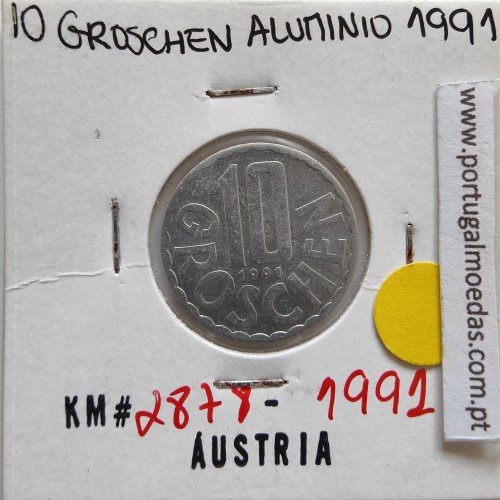 Áustria 10 Groschen 1991 Alumínio, World Coins Austria KM 2878, coin of 10 groschen 1991 Aluminium