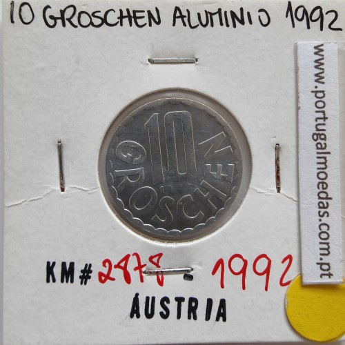 Áustria 10 Groschen 1992 Alumínio, World Coins Austria KM 2878, coin of 10 groschen 1992 Aluminium