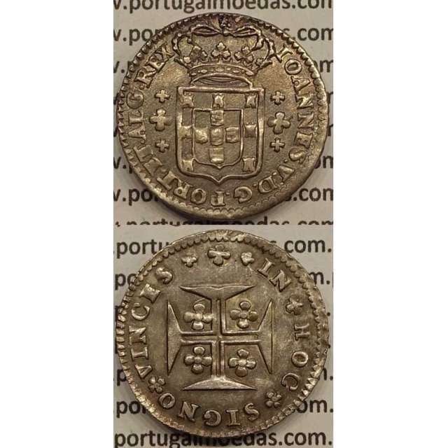 MOEDA 6 VINTÉNS PRATA 1706-1750 (MBC) - LEGENDA SOBRE A COROA / REVERSO CRUZ MENOR DE 12mm - D.JOÃO V