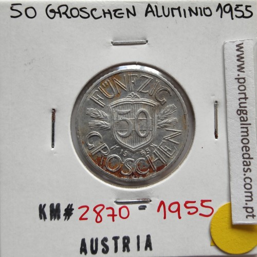 Áustria 50 Groschen 1955 Alumínio, World Coins Austria KM 2870, coin of 50 groschen 1955 Aluminium
