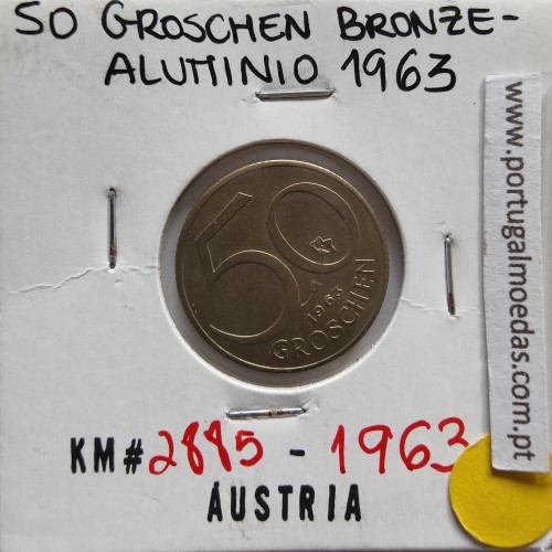 Áustria 50 Groschen 1963 Bronze - Alumínio, World Coins Austria KM 2885, coin of 50 groschen 1963 Aluminium-bronze