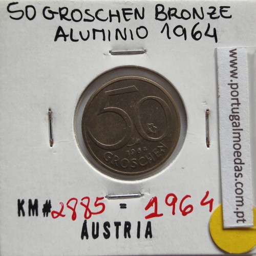 Áustria 50 Groschen 1964 Bronze - Alumínio, World Coins Austria KM 2885, coin of 50 groschen 1964 Aluminium-bronze