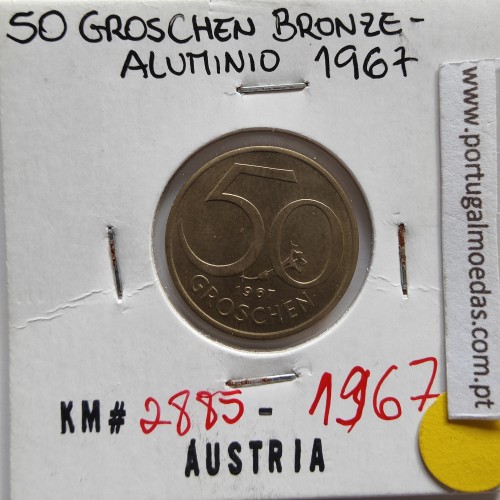 Áustria 50 Groschen 1967 Bronze - Alumínio, World Coins Austria KM 2885, coin of 50 groschen 1967 Aluminium-bronze