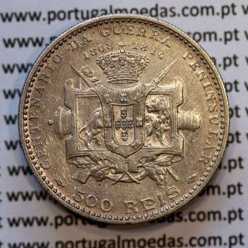 500 réis 1910 prata D. Manuel II, Centenário da Guerra Peninsular de 1808-1814, (MBC+/Bela), World Coins Portugal KM 556.