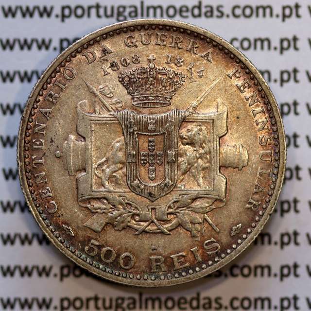 500 réis 1910 prata D. Manuel II, Centenário da Guerra Peninsular de 1808-1814, (Bela), World Coins Portugal KM 556.