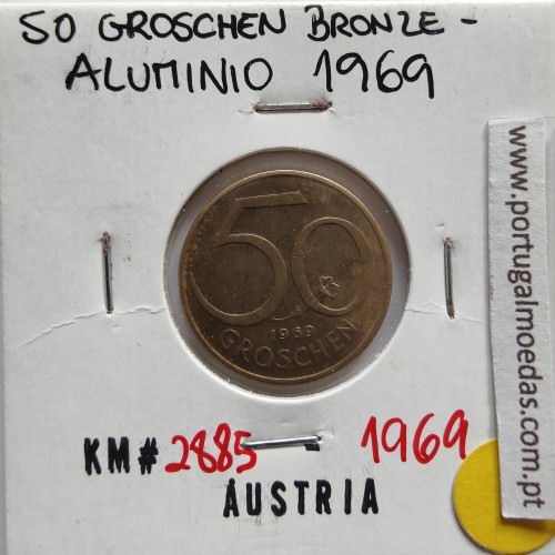 Áustria 50 Groschen 1969 Bronze - Alumínio, World Coins Austria KM 2885, coin of 50 groschen 1969 Aluminium-bronze