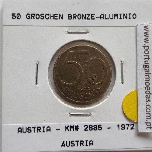 Áustria 50 Groschen 1972 Bronze - Alumínio, World Coins Austria KM 2885, coin of 50 groschen 1972 Aluminium-bronze