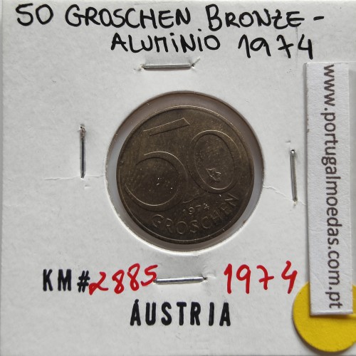 Áustria 50 Groschen 1974 Bronze - Alumínio, World Coins Austria KM 2885, coin of 50 groschen 1974 Aluminium-bronze