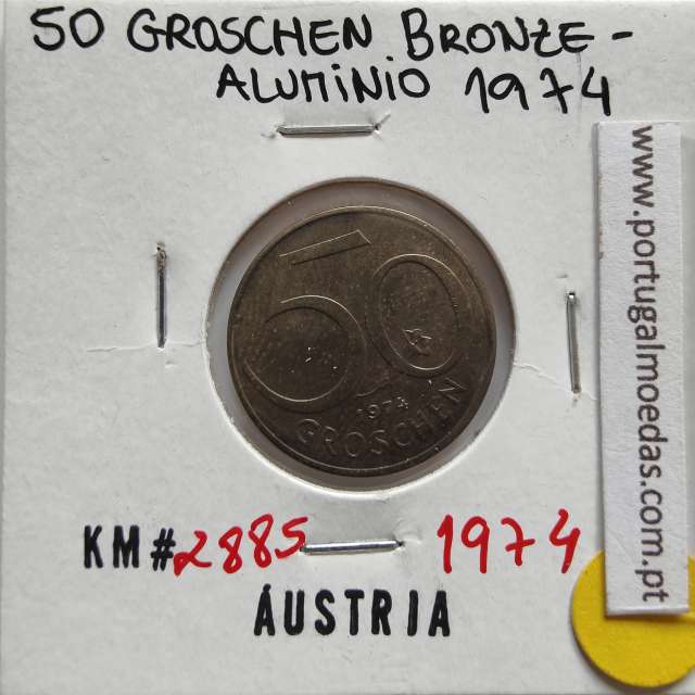 Áustria 50 Groschen 1974 Bronze - Alumínio, World Coins Austria KM 2885, coin of 50 groschen 1974 Aluminium-bronze