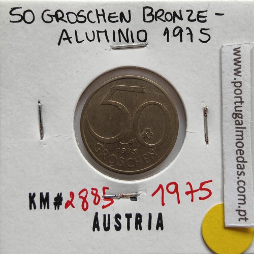 Áustria 50 Groschen 1975 Bronze - Alumínio, World Coins Austria KM 2885, coin of 50 groschen 1975 Aluminium-bronze