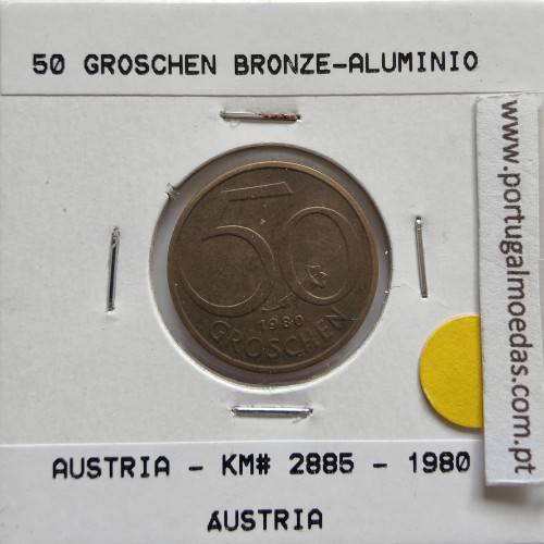 Áustria 50 Groschen 1980 Bronze - Alumínio, World Coins Austria KM 2885, coin of 50 groschen 1980 Aluminium-bronze