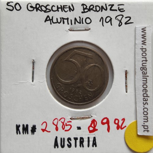 Áustria 50 Groschen 1982 Bronze - Alumínio, World Coins Austria KM 2885, coin of 50 groschen 1982 Aluminium-bronze
