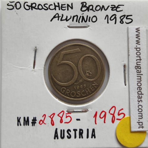 Áustria 50 Groschen 1985 Bronze - Alumínio, World Coins Austria KM 2885, coin of 50 groschen 1985 Aluminium-bronze