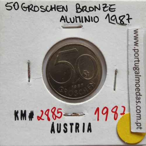 Áustria 50 Groschen 1987 Bronze - Alumínio, World Coins Austria KM 2885, coin of 50 groschen 1987 Aluminium-bronze