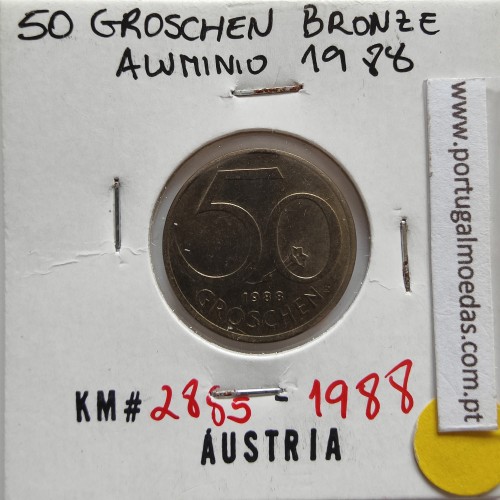 Áustria 50 Groschen 1988 Bronze - Alumínio, World Coins Austria KM 2885, coin of 50 groschen 1988 Aluminium-bronze