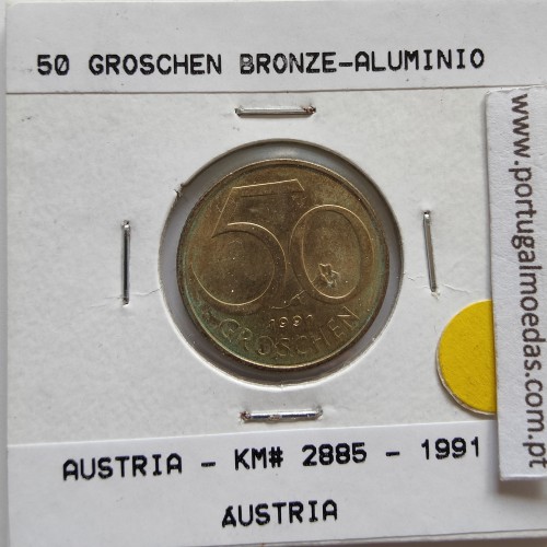 Áustria 50 Groschen 1991 Bronze - Alumínio, World Coins Austria KM 2885, coin of 50 groschen 1991 Aluminium-bronze