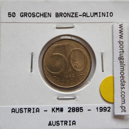 Áustria 50 Groschen 1992 Bronze - Alumínio, World Coins Austria KM 2885, coin of 50 groschen 1992 Aluminium-bronze