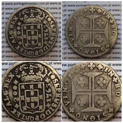 12 Vinténs Prata 1763 D. José I, 240 réis IOSEPHUS, Coroa alta 5 Arcos, diadema losango 1 ponto, Reverso letras pequenas 2 mm 12 Vinténs Prata 1763 D. José I, 240 réis IOSEPHUS, Coroa alta 5 Arcos, diadema losango 1 ponto, Reverso letras pequenas 2 mm