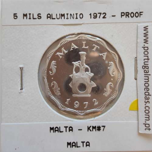 Malta 5 mils 1972 Alumínio, PROOF,  World Coins Malta KM 7, coin of 5 mils 1972 Aluminium