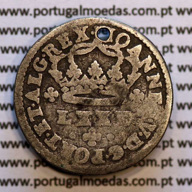 Tostão Prata D. João V 1706-1750, Anverso (•✤•), Reverso (•✤•) com florões grandes a separar coroa e legenda, World Coins KM 177