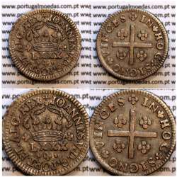Tostão Prata D. João V 1706-1750, Anv. (•✤•) Coroa com pedúnculos, Diadema retângulo ponto, Rev. (✤) legenda com florões.