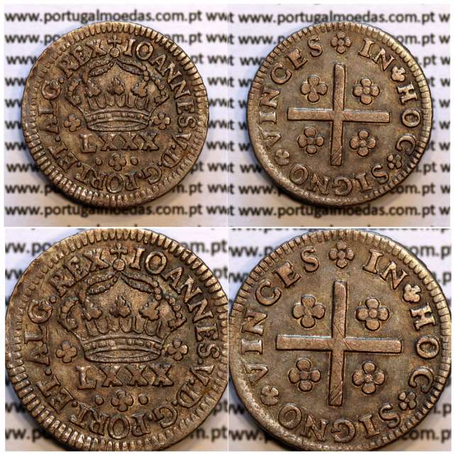 Tostão Prata D. João V 1706-1750, Anv. (•✤•) Coroa com pedúnculos, Diadema retângulo ponto, Rev. (✤) legenda com florões.