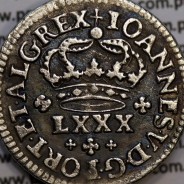 Tostão Prata D. João V 1706-1750, Não catalogada, Anverso coroa de arcos duplos, (+✤+), diadema losango ponto, Reverso (✤)