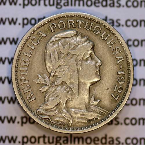 50 Centavos 1927 em Alpaca, $50 centavos 1927 Republica Portuguesa, (MBC), World Coins Portugal  KM 577