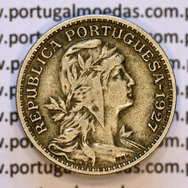 50 Centavos 1927 em Alpaca, $50 centavos 1927 Republica Portuguesa, (MBC), World Coins Portugal  KM 577