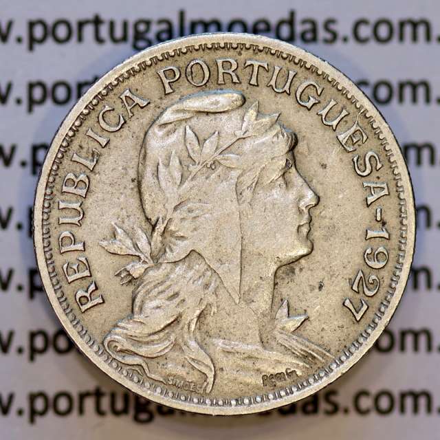 50 Centavos 1927 em Alpaca, $50 centavos 1927 Republica Portuguesa, (MBC), World Coins Portugal  KM 577