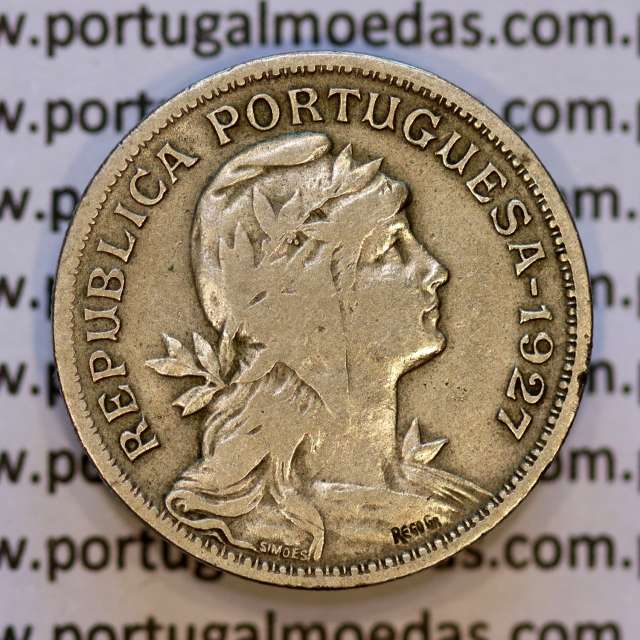 50 Centavos 1927 em Alpaca, $50 centavos 1927 Republica Portuguesa, (BC+/MBC-), World Coins Portugal  KM 577