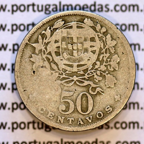 50 Centavos 1927 em Alpaca, $50 centavos 1927 Republica Portuguesa, (BC), World Coins Portugal  KM 577