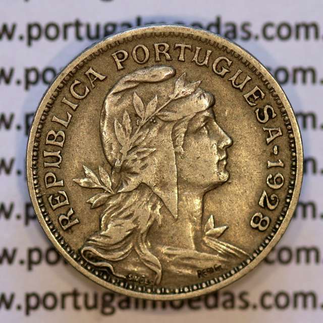 50 Centavos 1928 em Alpaca, $50 centavos 1928 Republica Portuguesa, (MBC+/Bela-), World Coins Portugal  KM 577