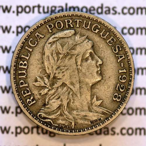 50 Centavos 1928 em Alpaca, $50 centavos 1928 Republica Portuguesa, (MBC+), World Coins Portugal  KM 577