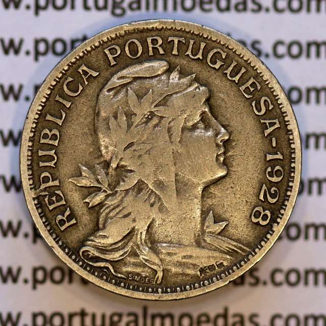 50 Centavos 1928 em Alpaca, $50 centavos 1928 Republica Portuguesa, (MBC), World Coins Portugal  KM 577