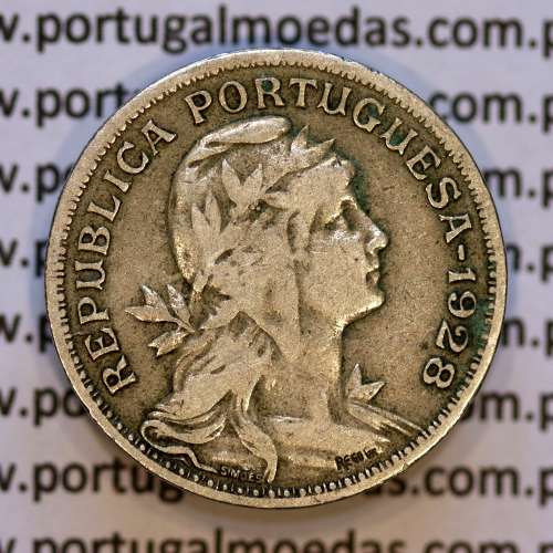 50 Centavos 1928 em Alpaca, $50 centavos 1928 Republica Portuguesa, (MBC), World Coins Portugal  KM 577