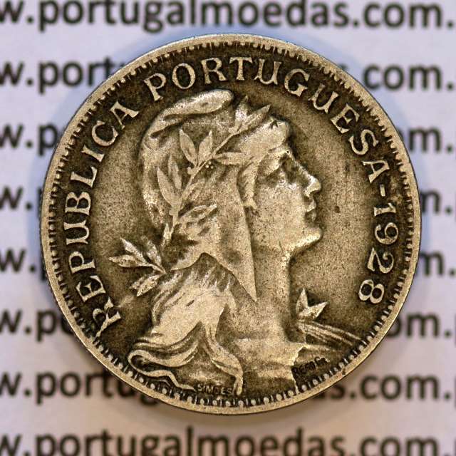 50 Centavos 1928 em Alpaca, $50 centavos 1928 Republica Portuguesa, (MBC), World Coins Portugal  KM 577