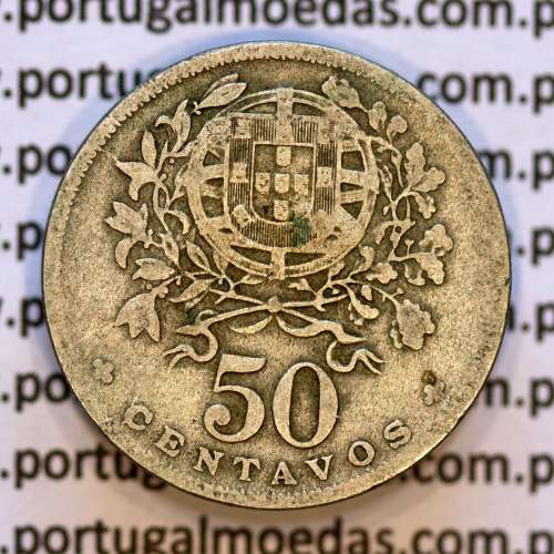 50 Centavos 1928 em Alpaca, $50 centavos 1928 Republica Portuguesa, (BC), World Coins Portugal  KM 577