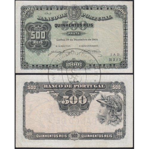 Nota de 500 Reis 1904 c/sobrecarga Republica ,quinhentos Reis 27/12/1904 Chapa: 3 - Banco de Portugal (Pouco Circulada)