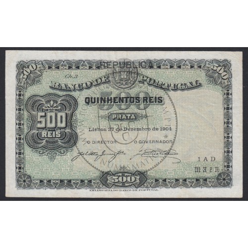 Nota de 500 Reis 1904 c/sobrecarga Republica ,quinhentos Reis 27/12/1904 Chapa: 3 - Banco de Portugal (Pouco Circulada)