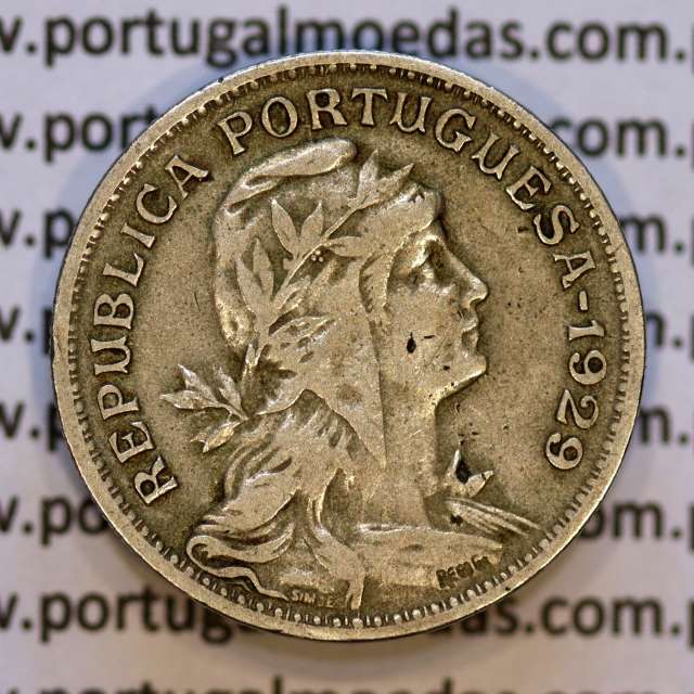 50 Centavos 1929 em Alpaca, $50 centavos Republica Portuguesa, (MBC) World Coins Portugal  KM 577