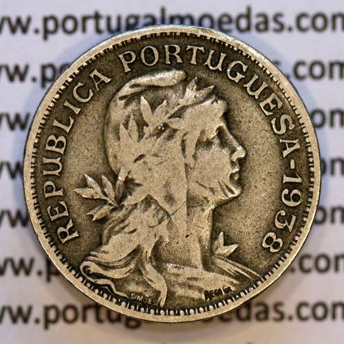 50 Centavos 1938 Alpaca, $50 centavos 1938 Republica Portuguesa, (MBC),  World Coins Portugal  KM 577